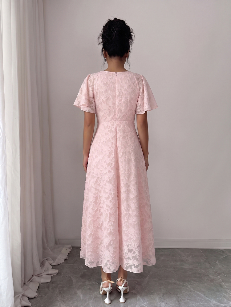 Modelyn Elegant Romantic Cut-Out Batwing Sleeve Pleated Sweet French Style Summer Dress Wedding Garden Party Night Pink - Pink - View 2
