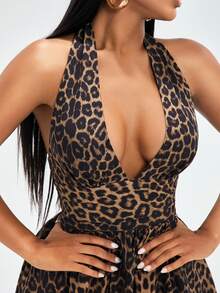 Radiana Sexy Leopard Print V-Neck Ruched Puff Hem Fitted Short Dress, Urban Casual Vacation, Spring/Summer,Cheetah Print Dress - Brown - View 3