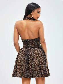 Radiana Sexy Leopard Print V-Neck Ruched Puff Hem Fitted Short Dress, Urban Casual Vacation, Spring/Summer,Cheetah Print Dress - Brown - View 7