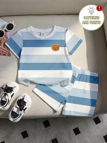 Souflis Souflis 隨機發貨 1/3 款淺藍色條紋拼色嬰幼兒休閒時尚經典可愛熊圖案拼色條紋印花圓領短袖T恤短褲套裝 - 彩色 - 查看 4