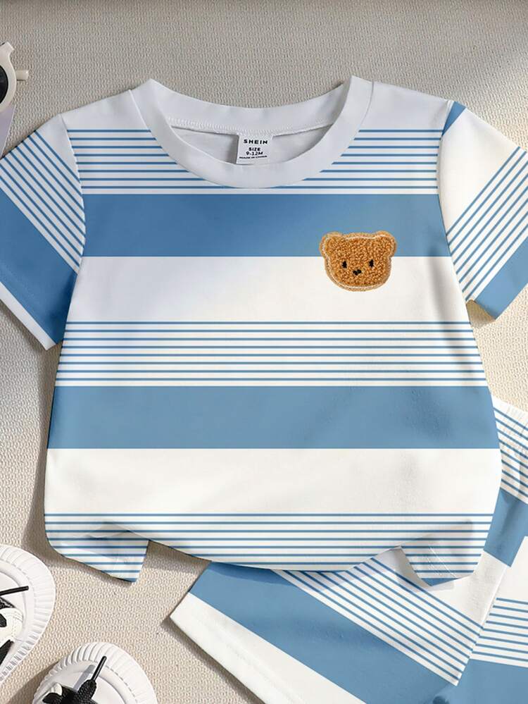 Souflis Souflis 2pcs Baby Boys T-Shirt Set Light Blue White Striped Bear Print Loose Short Sleeve Round Neck Vacation Summer Cute Korean Style,1 Random Set - Multicolor - View 3