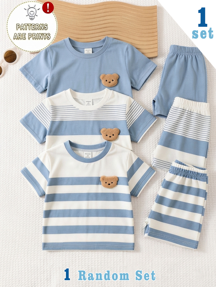 Souflis Souflis 2pcs Baby Boys T-Shirt Set Light Blue White Striped Bear Print Loose Short Sleeve Round Neck Vacation Summer Cute Korean Style,1 Random Set - Multicolor - View 1