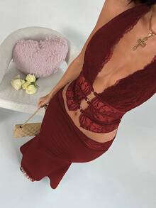 EgrlEra 春季黑色蕾絲低領V領露背細肩帶背心上衣與低腰蕾絲裙 2件套，適合派對、聖誕節、情人節、性感派對、宴會、婚禮 - 酒紅色 - 查看 4