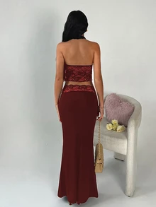 EgrlEra 春季黑色蕾絲低領V領露背細肩帶背心上衣與低腰蕾絲裙 2件套，適合派對、聖誕節、情人節、性感派對、宴會、婚禮 - 酒紅色 - 查看 2