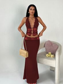 EgrlEra 春季黑色蕾絲低領V領露背細肩帶背心上衣與低腰蕾絲裙 2件套，適合派對、聖誕節、情人節、性感派對、宴會、婚禮 - 酒紅色 - 查看 6
