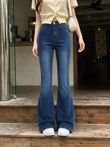 SHEIN TWEEN GIRL 復古現代 Y2K 街頭風休閒學院風彈性腰舒適修身五口袋牛仔喇叭褲，深藍色水洗牛仔，秋冬四季必備時尚百搭單品 - 深色水洗藍 - 查看 5