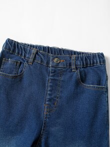 SHEIN TWEEN GIRL 復古現代 Y2K 街頭風休閒學院風彈性腰舒適修身五口袋牛仔喇叭褲，深藍色水洗牛仔，秋冬四季必備時尚百搭單品 - 深色水洗藍 - 查看 9