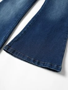 SHEIN TWEEN GIRL 復古現代 Y2K 街頭風休閒學院風彈性腰舒適修身五口袋牛仔喇叭褲，深藍色水洗牛仔，秋冬四季必備時尚百搭單品 - 深色水洗藍 - 查看 8