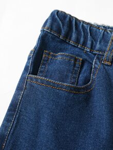 SHEIN TWEEN GIRL 復古現代 Y2K 街頭風休閒學院風彈性腰舒適修身五口袋牛仔喇叭褲，深藍色水洗牛仔，秋冬四季必備時尚百搭單品 - 深色水洗藍 - 查看 7