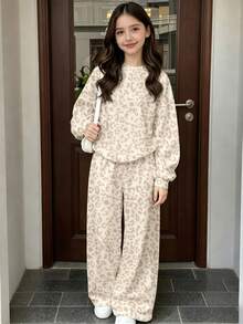 SHEIN 青少年女孩 1 套秋季豹紋印花運動衫與長褲套裝，舒適休閒秋季日常穿搭 - 彩色 - 查看 3