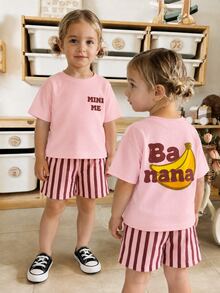 THE HAPPY LOOK Young Girl Fruit Pattern Knitted Soft Crew Neck Short Sleeve Drop Shoulder Pullover Top & Striped Shorts 2pcs Set - Baby Pink - View 5