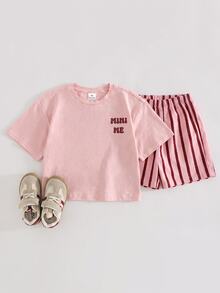 THE HAPPY LOOK Young Girl Fruit Pattern Knitted Soft Crew Neck Short Sleeve Drop Shoulder Pullover Top & Striped Shorts 2pcs Set - Baby Pink - View 3