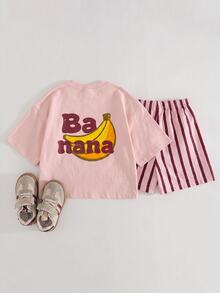 THE HAPPY LOOK Young Girl Fruit Pattern Knitted Soft Crew Neck Short Sleeve Drop Shoulder Pullover Top & Striped Shorts 2pcs Set - Baby Pink - View 2
