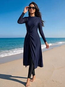 SHEIN Swim 26SS Spring/Summer Vacation Beach Mature Modest Elegant Navy Blue Twist Knot Maxi Skirt Burkini - Navy Blue - View 1
