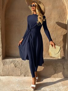 SHEIN Swim 26SS Spring/Summer Vacation Beach Mature Modest Elegant Navy Blue Twist Knot Maxi Skirt Burkini - Navy Blue - View 3