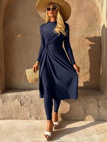 SHEIN Swim 26SS Spring/Summer Vacation Beach Mature Modest Elegant Navy Blue Twist Knot Maxi Skirt Burkini - Navy Blue - View 5