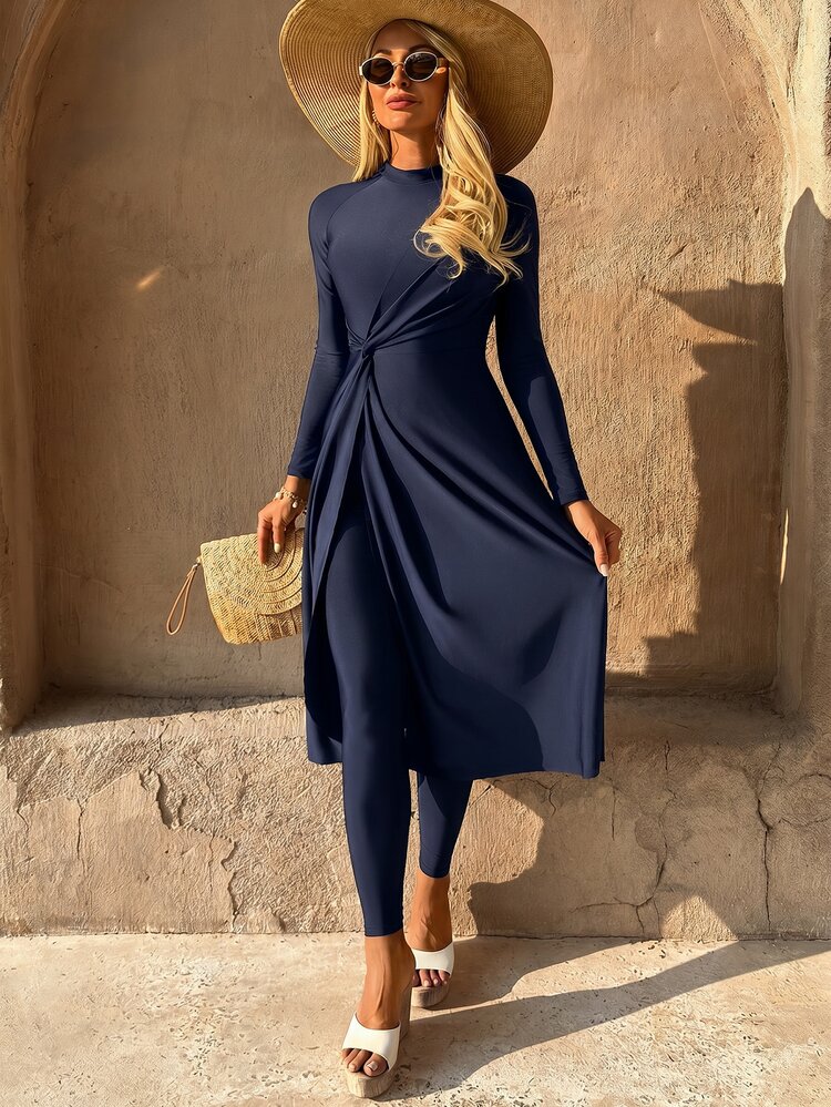 SHEIN Swim 26SS Spring/Summer Vacation Beach Mature Modest Elegant Navy Blue Twist Knot Maxi Skirt Burkini - Navy Blue - View 5