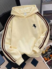 SHEIN Teen Girl Girls Teenagers Colorblock Webbing Logo Decor Hooded Loose Pullover Sweatshirt Cream Yellow Sweatshirt Autumn/Winter - Yellow - View 12