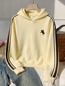 SHEIN Teen Girl Girls Teenagers Colorblock Webbing Logo Decor Hooded Loose Pullover Sweatshirt Cream Yellow Sweatshirt Autumn/Winter - Yellow - View 10