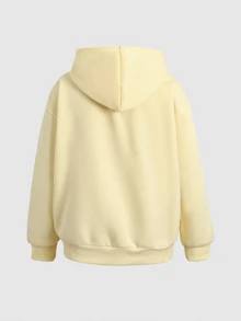 SHEIN Teen Girl Girls Teenagers Colorblock Webbing Logo Decor Hooded Loose Pullover Sweatshirt Cream Yellow Sweatshirt Autumn/Winter - Yellow - View 4
