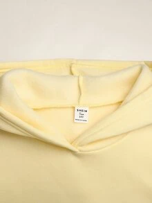 SHEIN Teen Girl Girls Teenagers Colorblock Webbing Logo Decor Hooded Loose Pullover Sweatshirt Cream Yellow Sweatshirt Autumn/Winter - Yellow - View 7