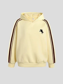 SHEIN Teen Girl Girls Teenagers Colorblock Webbing Logo Decor Hooded Loose Pullover Sweatshirt Cream Yellow Sweatshirt Autumn/Winter - Yellow - View 5