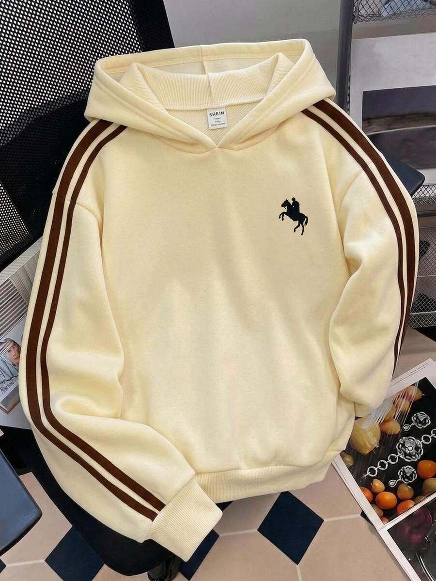 SHEIN Teen Girl Girls Teenagers Colorblock Webbing Logo Decor Hooded Loose Pullover Sweatshirt Cream Yellow Sweatshirt Autumn/Winter - Yellow - View 1