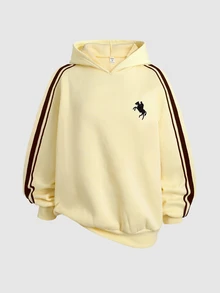 SHEIN Teen Girl Girls Teenagers Colorblock Webbing Logo Decor Hooded Loose Pullover Sweatshirt Cream Yellow Sweatshirt Autumn/Winter - Yellow - View 3