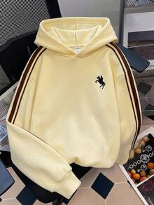 SHEIN Teen Girl Girls Teenagers Colorblock Webbing Logo Decor Hooded Loose Pullover Sweatshirt Cream Yellow Sweatshirt Autumn/Winter - Yellow - View 11