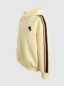 SHEIN Teen Girl Girls Teenagers Colorblock Webbing Logo Decor Hooded Loose Pullover Sweatshirt Cream Yellow Sweatshirt Autumn/Winter - Yellow - View 6