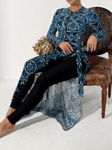 SHEIN Swim 女士两件套优雅长袖开衫泳装 - 彩色 - 查看 9