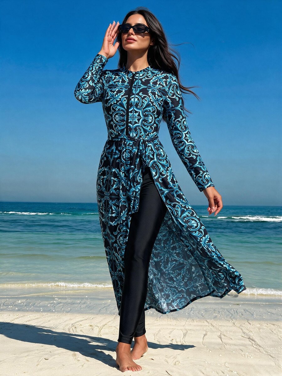 SHEIN Swim 女士两件套优雅长袖开衫泳装 - 彩色 - 查看 1