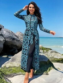 SHEIN Swim 女士两件套优雅长袖开衫泳装 - 彩色 - 查看 2