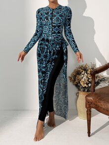 SHEIN Swim 女士两件套优雅长袖开衫泳装 - 彩色 - 查看 7