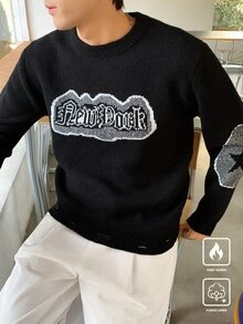 Claim Dot Men's Crew Neck Black Long Sleeve Sweater, Distressed Cross Knitted Jumper Fashion Casual Everyday Wear - Multicolor - View 3