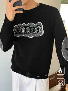 Claim Dot Men's Crew Neck Black Long Sleeve Sweater, Distressed Cross Knitted Jumper Fashion Casual Everyday Wear - Multicolor - View 5