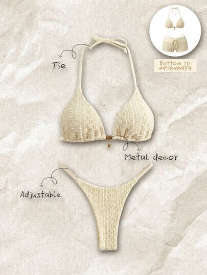 SHEIN Swim 女款兩件式優雅蕾絲比基尼套裝，附星星吊墜，性感熱帶海灘派對度假米色穿搭