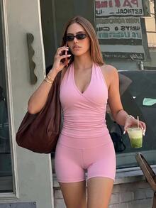 BamGleam Top deportivo con espalda descubierta y fruncido - Rosa - Ver 4