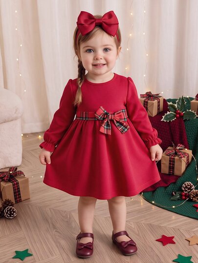 Souflis Souflis Baby Girls 1Pcs Long Sleeve A-Line Dress, Solid Red Tone With Plaid Bow At Waist, Back Button Closure, Christmas New Year Flared Hem Outfit