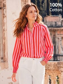 Dayvera Women's 100% Cotton Striped Shirt For Women Stand Collar Long Sleeve Button Down Blouse Casual Pink White Stripe Fall Top Work Outfit - Multicolor - View 3