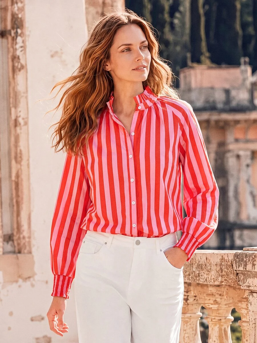 Dayvera Women's 100% Cotton Striped Shirt For Women Stand Collar Long Sleeve Button Down Blouse Casual Pink White Stripe Fall Top Work Outfit - Multicolor - View 1