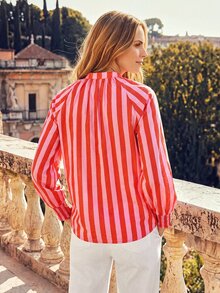 Dayvera Women's 100% Cotton Striped Shirt For Women Stand Collar Long Sleeve Button Down Blouse Casual Pink White Stripe Fall Top Work Outfit - Multicolor - View 2