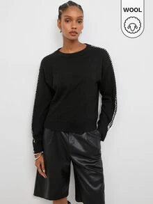 Maija Women's Rhinestone Decor Round Neck Long Sleeve Casual Sweater - Black - View 6