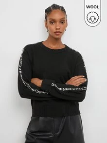 Maija Women's Rhinestone Decor Round Neck Long Sleeve Casual Sweater - Black - View 3