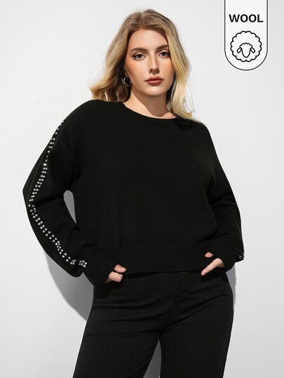 Maija Plus Size Women Rhinestone Embellished Casual Versatile Everyday Sweater Winter
