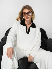 Maija 大尺碼女款拼色翻領長袖休閒毛衣 - 白色 - 查看 4