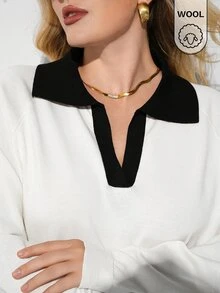 Maija 大尺碼女款拼色翻領長袖休閒毛衣 - 白色 - 查看 6