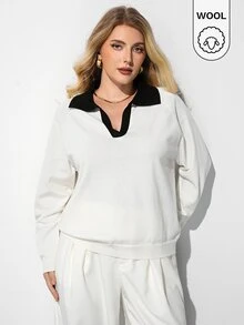 Maija 大尺碼女款拼色翻領長袖休閒毛衣 - 白色 - 查看 5