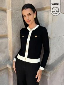 Maija 女款圓領針織長袖開襟衫，黑色與米色，秋季，優雅，辦公室穿著，柔軟舒適商務休閒外套上衣 - 黑色 - 查看 4