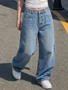 SHEIN Tween Girl Y2K Vintage Washed High Waist Cat Whisker Loose Wide Leg Denim Jeans, Autumn/Winter Back To School Street Style - Medium Wash - View 8